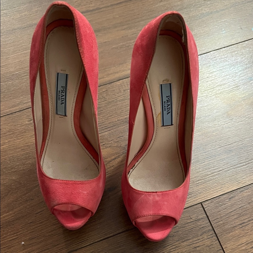 Prada Women's Vibrant Red Open Toe Heels